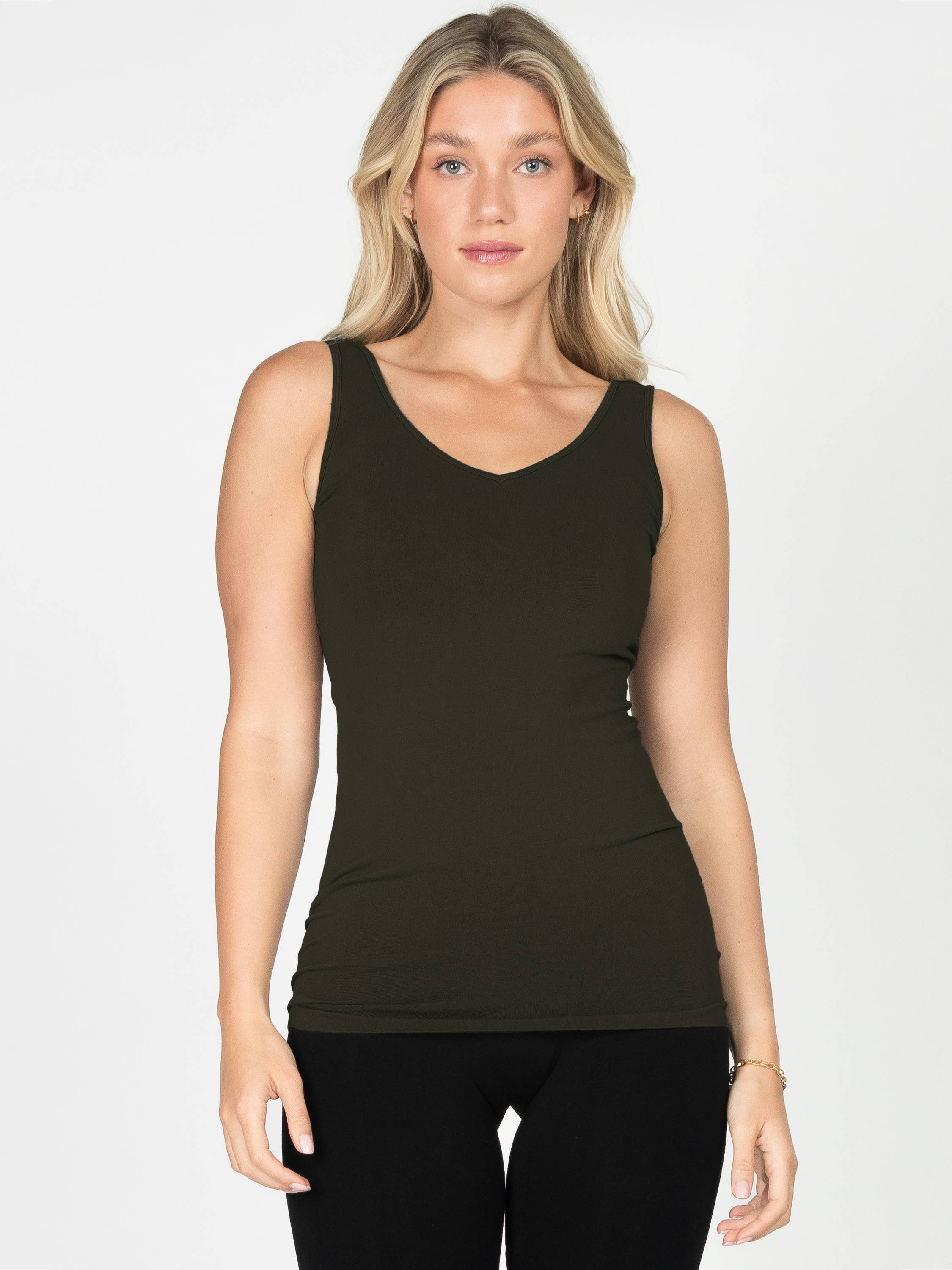 M.Rena Reversible V-Scoop Neck Deep Olive Tank Top