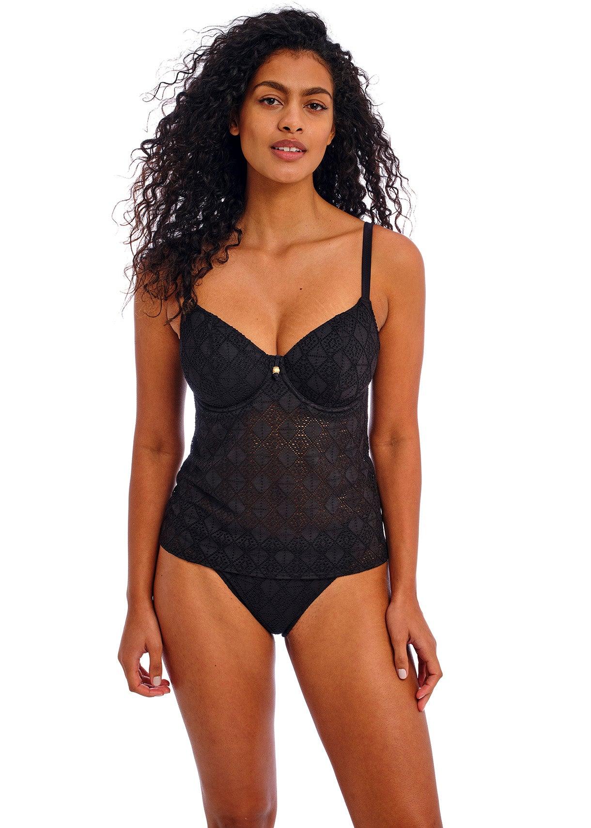 Freya "Nomad Nights" Black UW Plunge Tankini Top (D-HH) - Lion's Lair Boutique - 30, 32, 34, 36, 38, Black, continuity, D, DD, E, F, FEB 2024, FF, G, GG, H, HH, plunge, Solid, Swimwear, Tankini, TNV, Top, UW - Freya