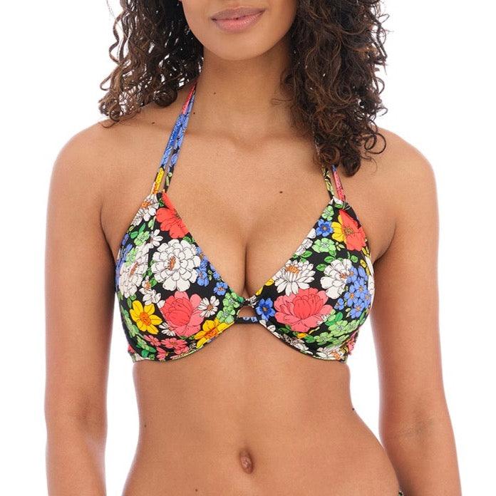 Freya "Floral Haze" UW Halter Bikini Top (E-F) - Lion's Lair Boutique - 30, Bikini, Black, E, F, Fashion, Freya, Halter, HLU, Pattern, SALE, Swimwear, Top, UW, Warehouse - Freya