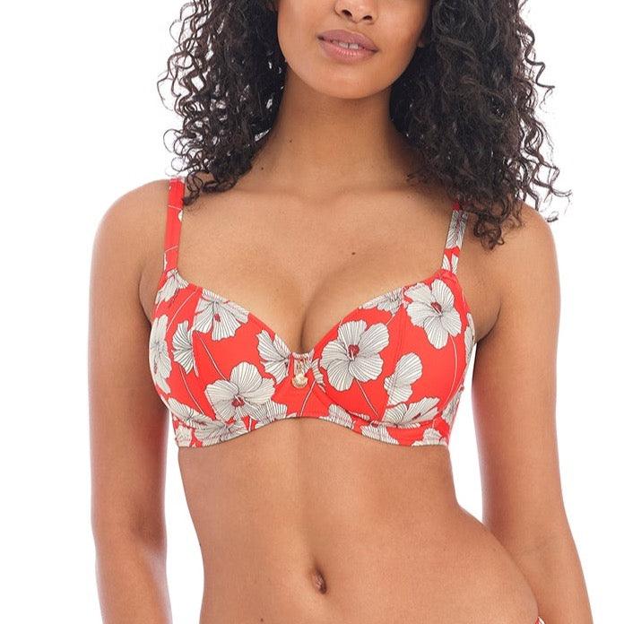 Freya "Hibiscus Beach" UW Plunge Bikini Top (E-FF) - Lion's Lair Boutique - 34, 38, Bikini, Black, E, Fashion, FF, Freya, Pattern, SALE, Swimwear, Top, UW, UWV, Warehouse, White - Freya