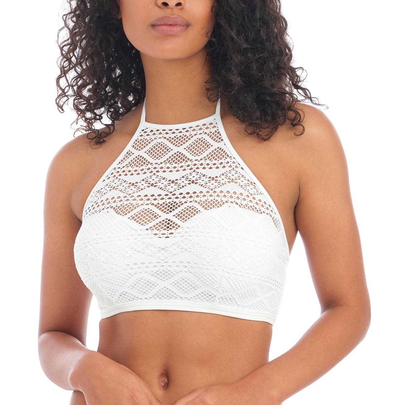 Freya "Sundance" White UW High Neck Crop Top (F-G) - Lion's Lair Boutique - 30, 32, 34, 36, Bikini, F, FF, Freya, G, Halter, SALE, Solid, Sundance, Swimwear, Top, UW, Warehouse, White - Freya