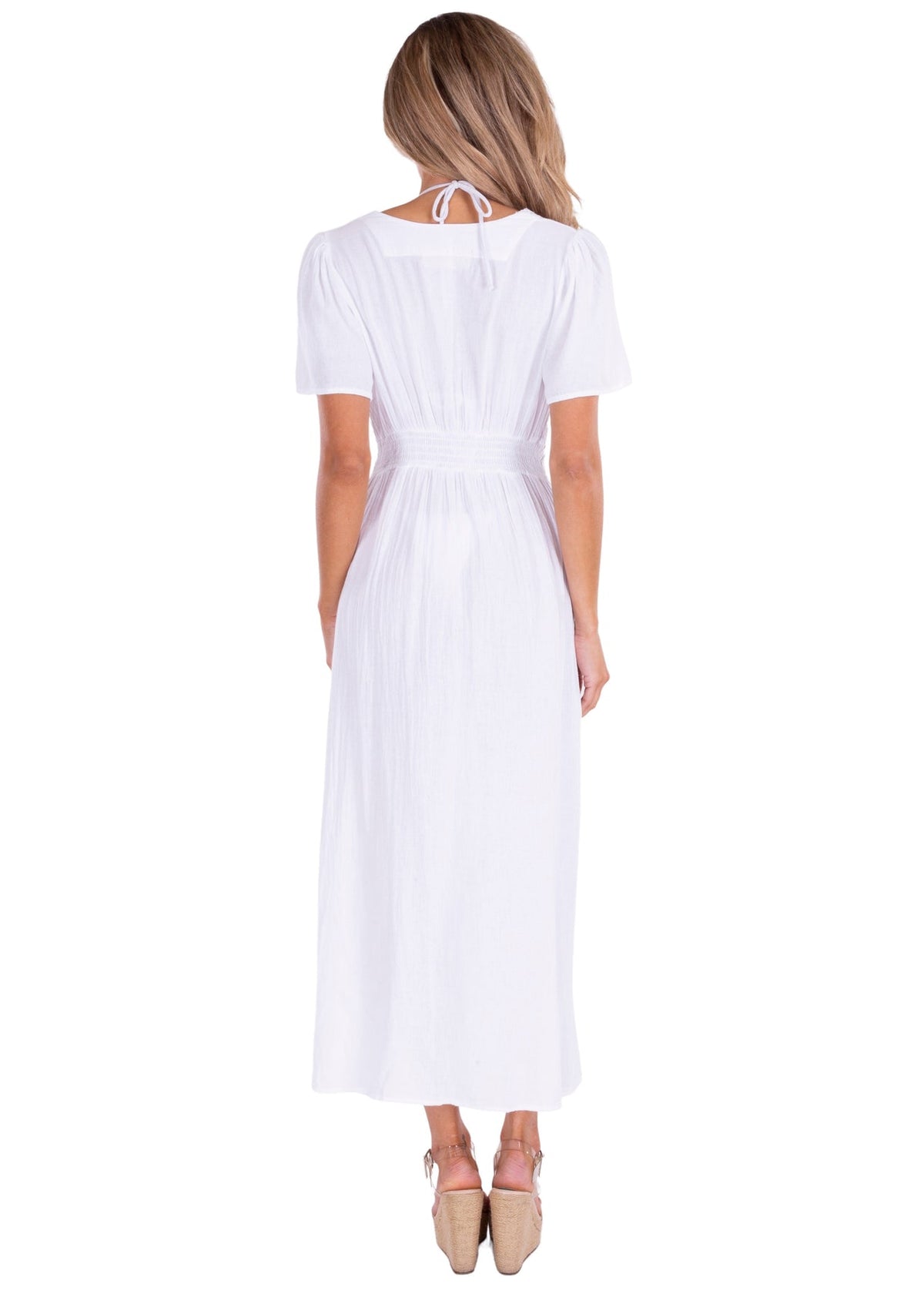 "Seaspice" White 100% Cotton Long Tie Front Cap Sleeve Duster Cover-up