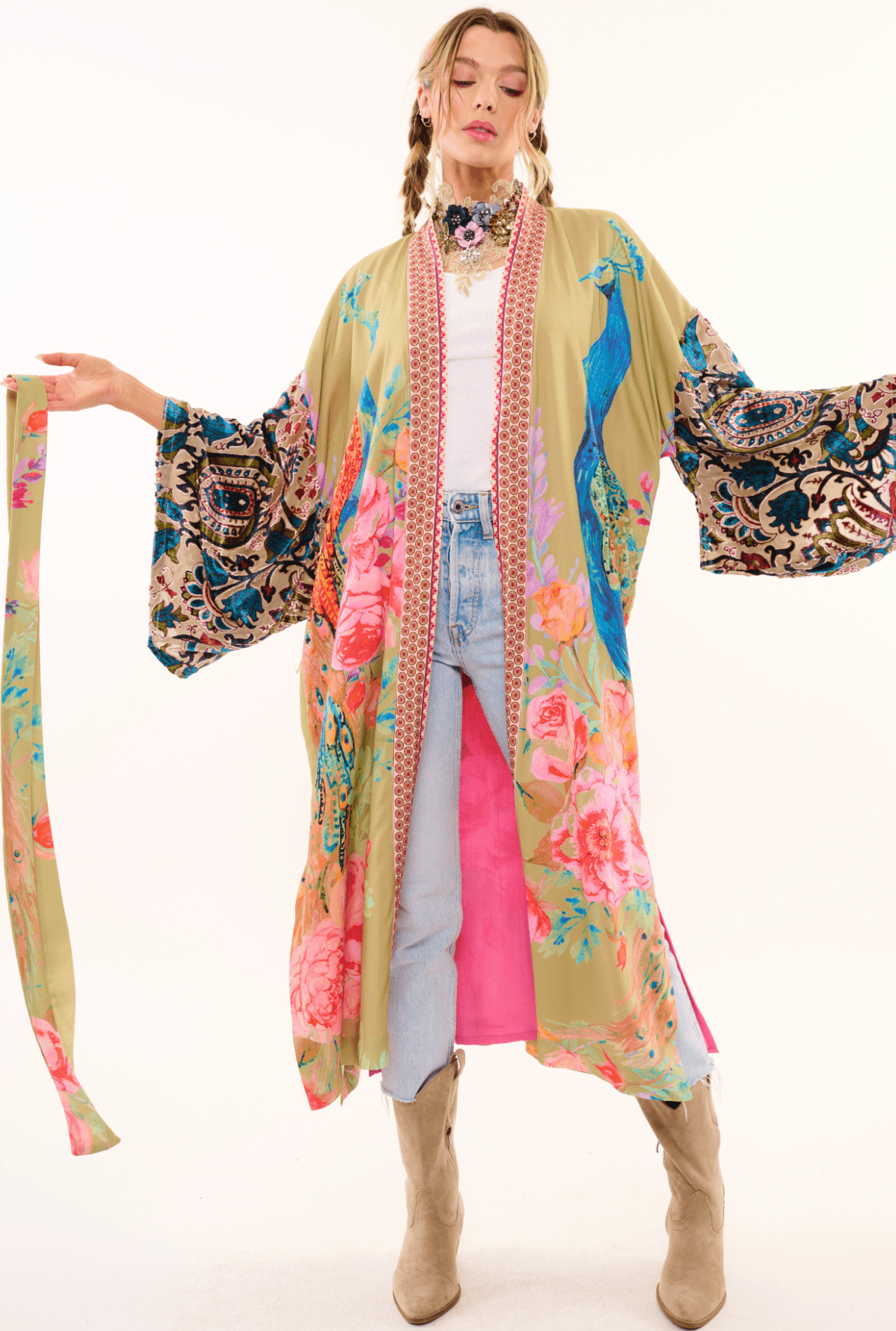 Aratta Fantasy Vintage Olive Peacock Kimono - Lion's Lair Boutique - DEC 2023, Fashion, KIM, L, M, S, XL, XS - Aratta