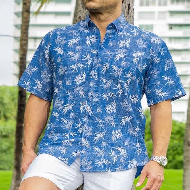 Hawaiianize "Navy Palms" Short Sleeve Button Down - Lion's Lair Boutique - 2X, 3X, 4X, 5X, ALT, L, M, S, XL - Hawaiianize