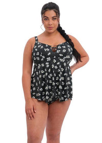 Elomi "Plain Sailing" Black Daisy Non Wired Moulded Tankini Top - Lion's Lair Boutique - 34, 36, 38, 40, 42, 44, 46, Black, continuity, D, DD, E, elomi, F, FF, G, GG, H, HH, Pattern, Plain Sailing, Swimwear, Tankini, TNA, Top - Elomi