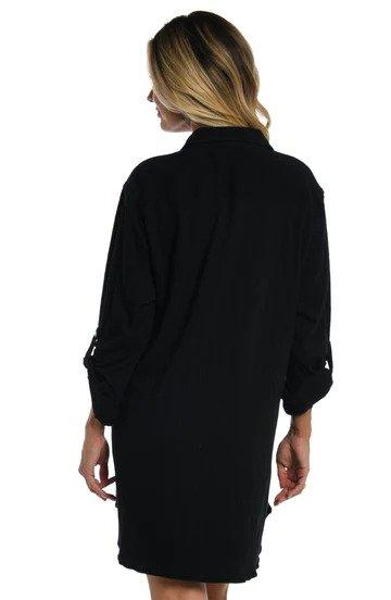 Maxine Black Solid Button Down Resort Shirt Cover Up - Lion's Lair Boutique - Black, continuity, Coverup, L, LS, M, Maxine, S, Shirt, Solid, XL, XS - Maxine