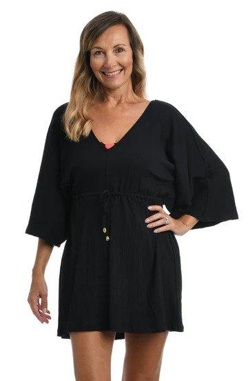Maxine Black Solid Kimono Tunic Cover Up - Lion's Lair Boutique - 1X, 2X, 3X, Black, continuity, Coverup, L, M, Maxine, S, Solid, TNC, Tunic, XL, XS - Maxine