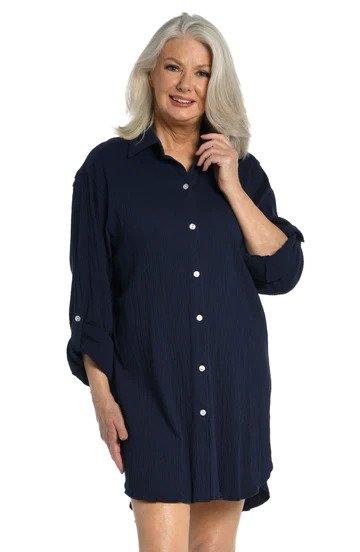 Maxine Navy Solid Button Down Resort Shirt Cover Up - Lion's Lair Boutique - continuity, Coverup, L, LS, M, Maxine, Navy, S, Shirt, Solid, XL, XS - Maxine
