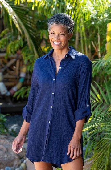 Maxine Navy Solid Button Down Resort Shirt Cover Up - Lion's Lair Boutique - continuity, Coverup, L, LS, M, Maxine, Navy, S, Shirt, XL, XS - Maxine
