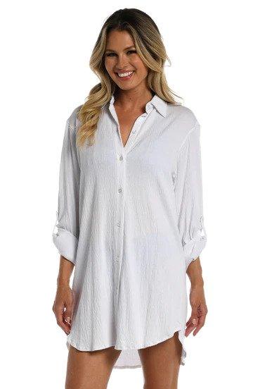 Maxine White Solid Button Down Resort Shirt Cover Up - Lion's Lair Boutique - continuity, Coverup, L, LS, M, Maxine, S, Shirt, Solid, White, XL, XS - Maxine